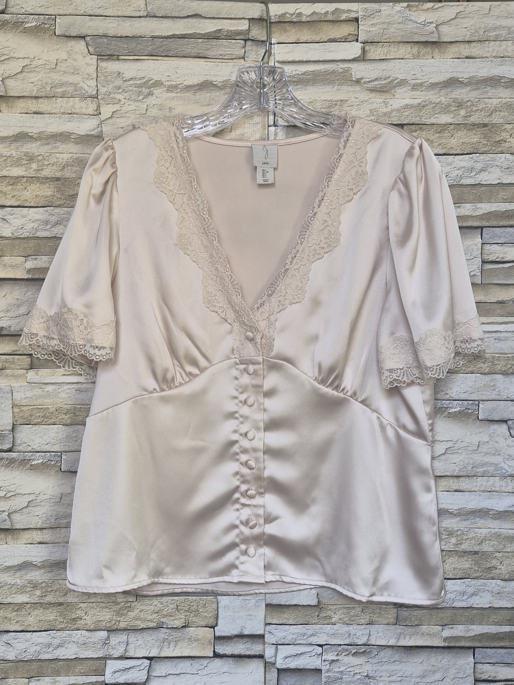 ​Joie Blouse Women's L Champagne Lace Trim Satin Elegant Boho Romantic Feminine